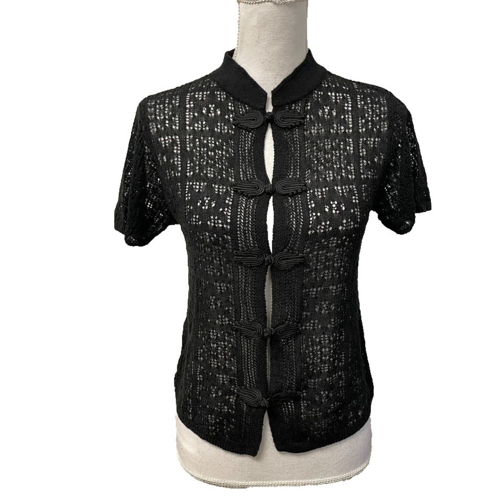 MNG Mango Cardigan Sweater Jumper Womens Small Black Open Knit Granny‎ Square